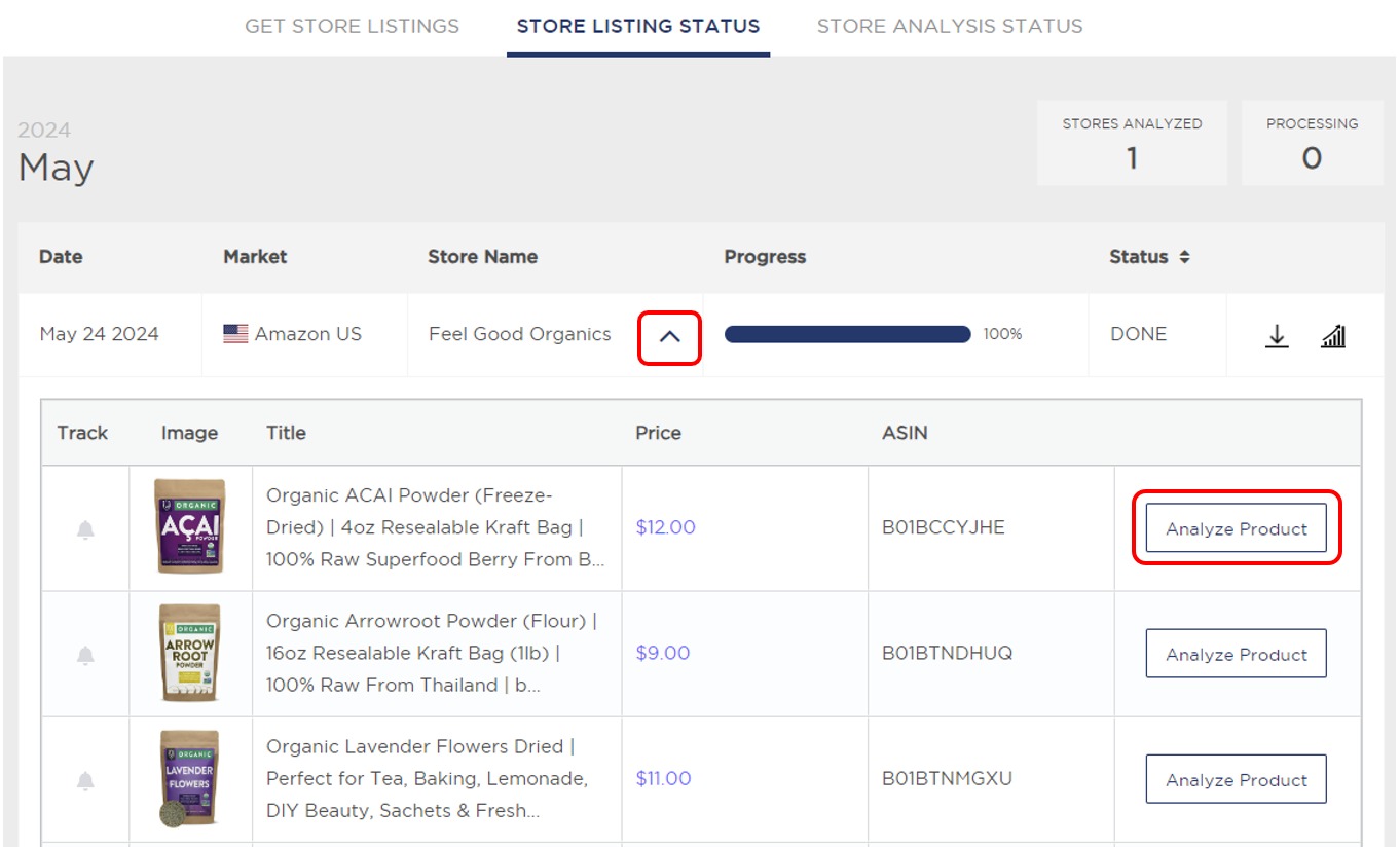 Revealing store listings in the ‘Store Analysis’ feature of Product Research Pulse.