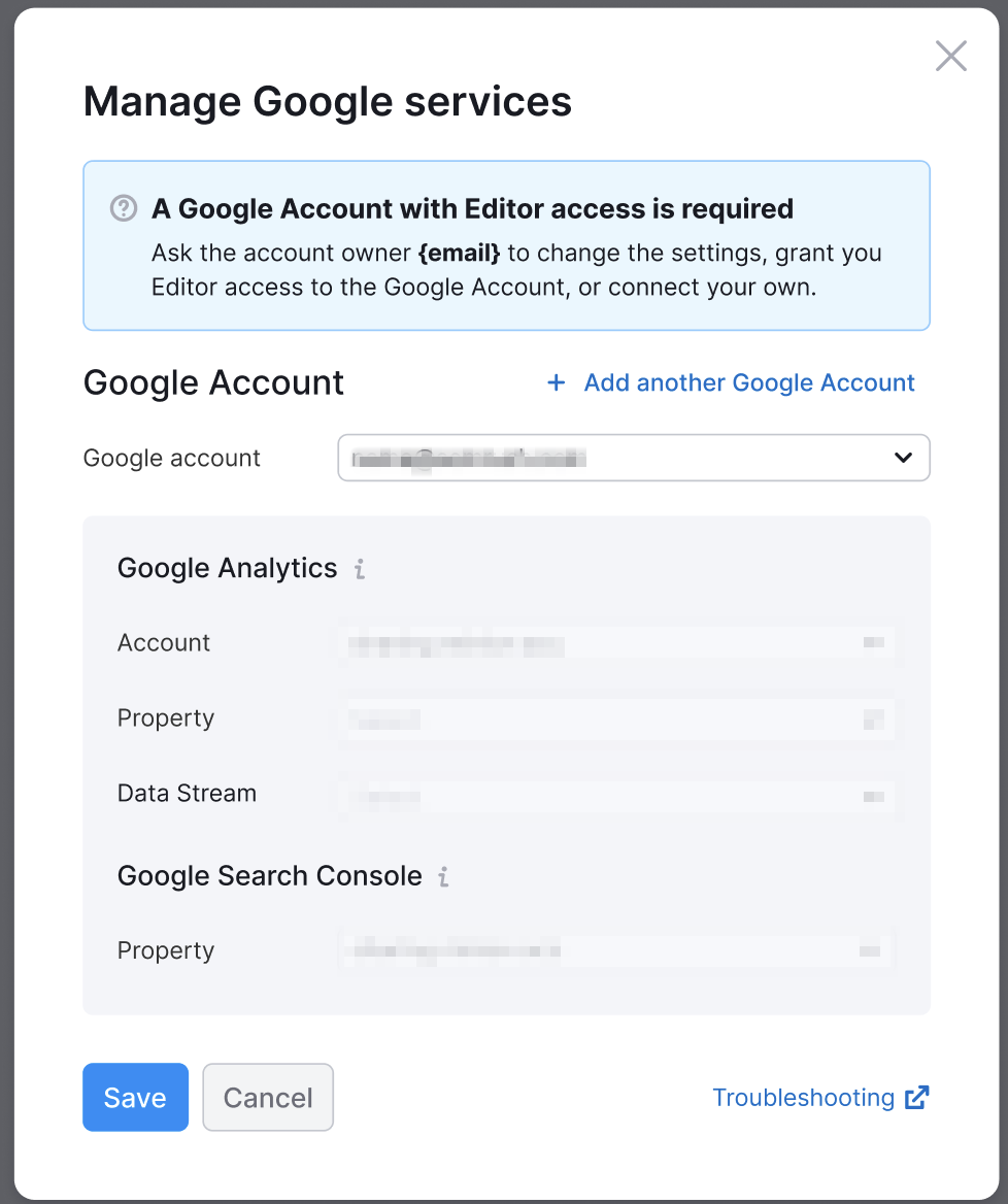 An example of the Set up Google Analytics account pop-up in the Project's dashboard. On top of the pop-up there's a notification 'A Google Account with editor access is required'. 