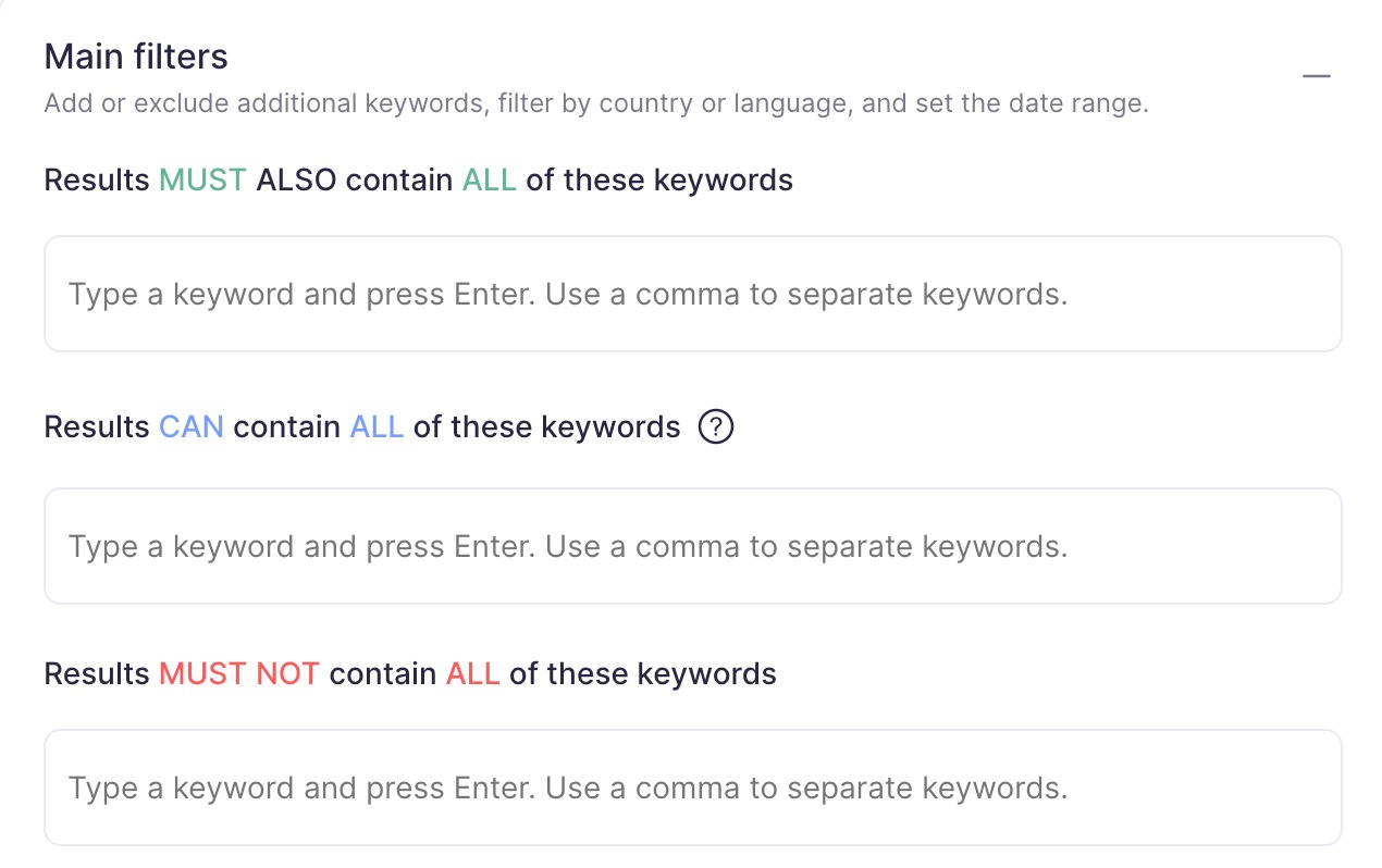 Additional keywords' settings fields.